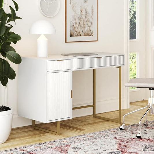 Nathan James Jacklyn White Modern Computer Desk, Workstation or Writing Desk for Small Spaces with Drawers and Cabinet Storage, White/Pale Gold by Unknown
