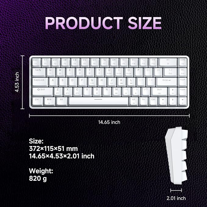 DIERYA DK68 60% Wireless Mechanical Gaming Keyboard, 3-Mode, Bluetooth 5.0/2.4G/USB-C, RGB Backlit, 68-Key Compact Mini for Windows, Mac, Linux - Linear Red Switch - White - Image 8