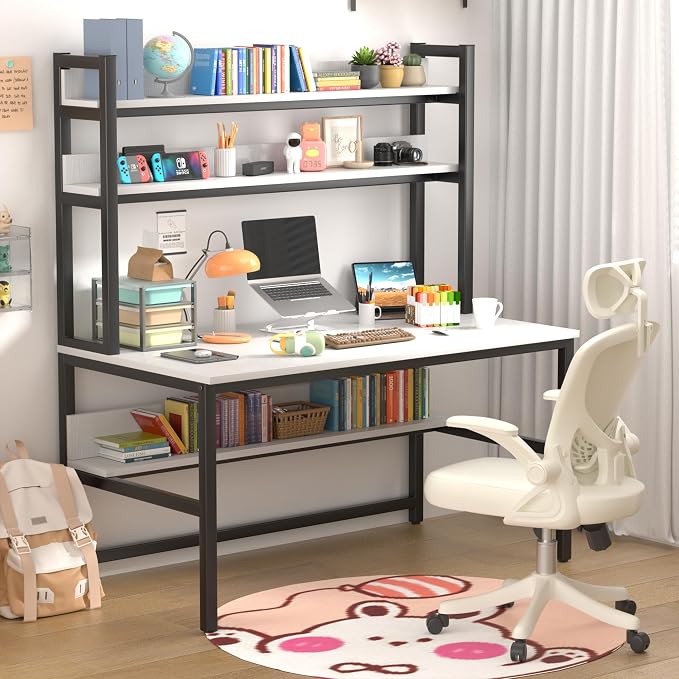 Aquzee Computer Desk, Easy Assembly Gaming Table with Hutch and Shelves, 4 Tiers Desk with Large Wood Desktop, Metal Legs, Ideal for Storage Study Work Writing Homework, White, 55Wx65Hx23.6D Inches by Aquzee