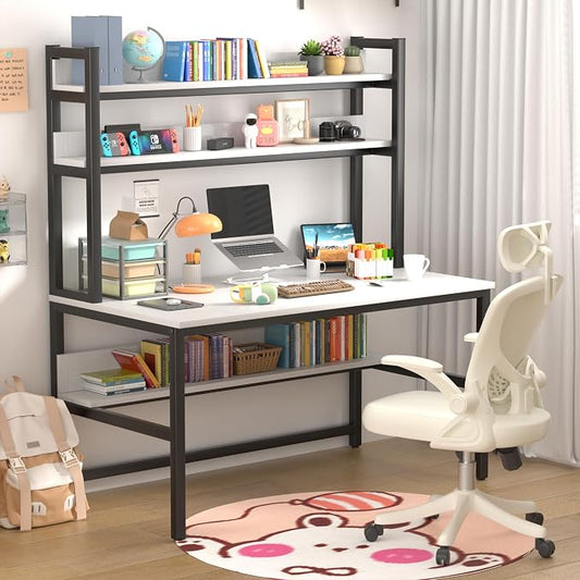 Aquzee Computer Desk, Easy Assembly Gaming Table with Hutch and Shelves, 4 Tiers Desk with Large Wood Desktop, Metal Legs, Ideal for Storage Study Work Writing Homework, White, 55Wx65Hx23.6D Inches by Aquzee