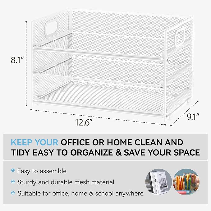 Subekyu 3 Tier Letter Tray Paper Organizer with Handle, 1 PC Sliding Tray, White Metal Mesh Desk File Folder Paper Sorter Organizer for Home Office School Desk Supplies Organization Storage - Image 2
