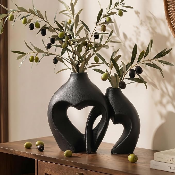 Black Ceramic Flower Vases Home Decor Heart Shaped Vase Set of 2 | Nordic Heart Shaped Vases Minimalist Decorative Vase for Table Centerpiece Wedding Dining Living Room Office House Decoration - Image 3