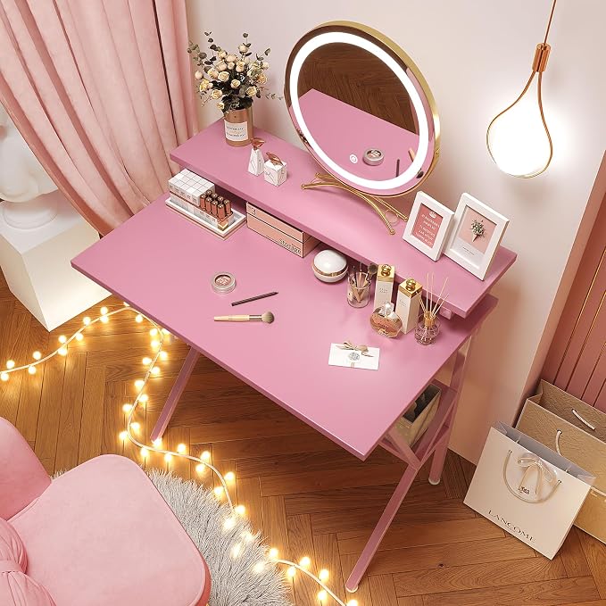COTUBLR Small Desk, 27.5 Inch Small Computer Desk for Spaces, Computer Desks with Adjustable Monitor Stand, Compact Desks with Storage, Tiny Study Table for Bedroom Home Office, Pink - Image 7