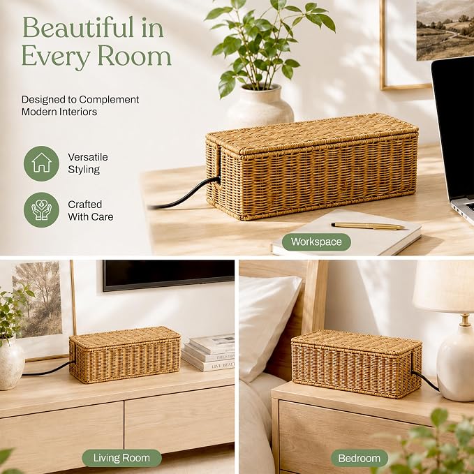 Cable Management Box Set of 2 Sizes, Handmade Rattan Cable Organizer with 2 Open Slots, Cord Hider for Power Strip, Router & USB Hub, Registered U.S. Design Patent (D1,112,102), Natural - Image 5