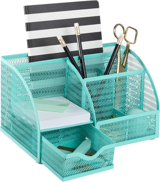 BLU MONACO Aqua Desk Organizer | Metal Turquoise Stationery Holder With Drawer and Compartments | Desktop Storage for School, Bedroom, Locker and Home | 5.5”D x 8.6”W x 5”H Accessory Caddy by Blu_Monaco