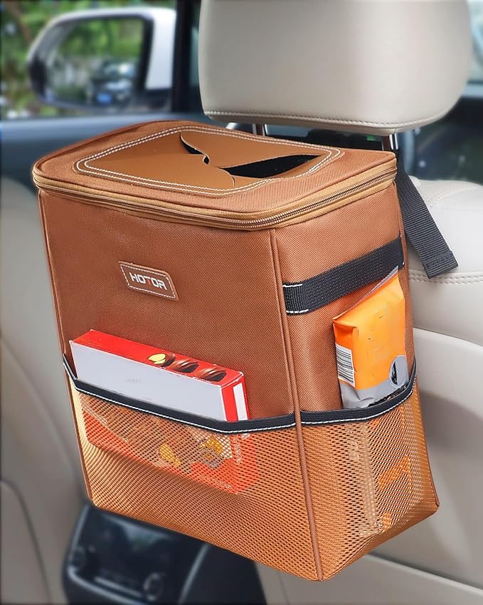 HOTOR 3 Gallons Car Trash Can, Ultra Large Capacity Organizer and Storage with Adjustable Straps & Magnetic Snaps, Waterproof Car Accessory for Interior Car Stuff Storage, Brown by HOTOR