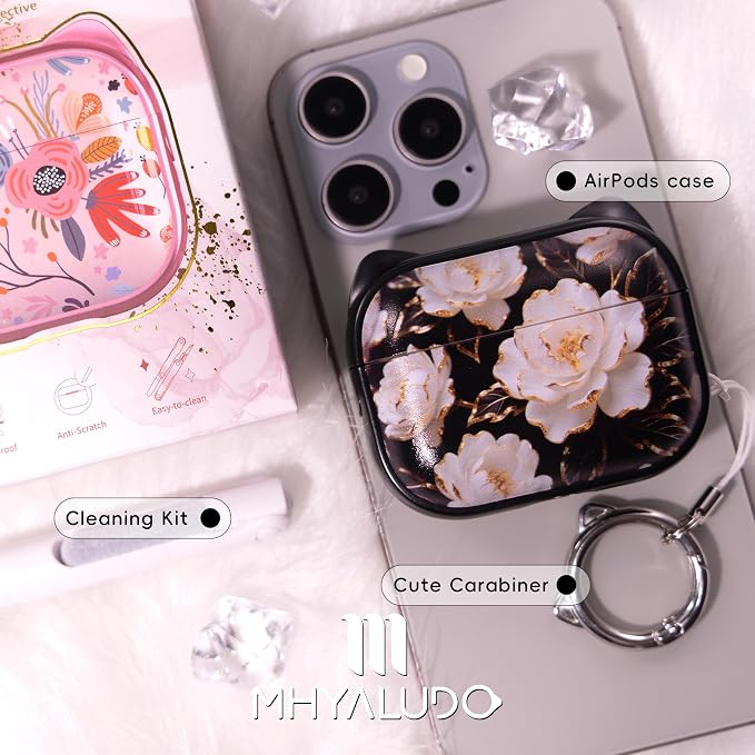 for AirPods Pro 2 Case with Cleaning Kit, Cute Cat Ear Print Design & Cute Buckle for Girls, Phone Holder & Top Safe Lock Buckle Design for AirPods Pro 2nd/1st Gen case, Black Peony - Image 7