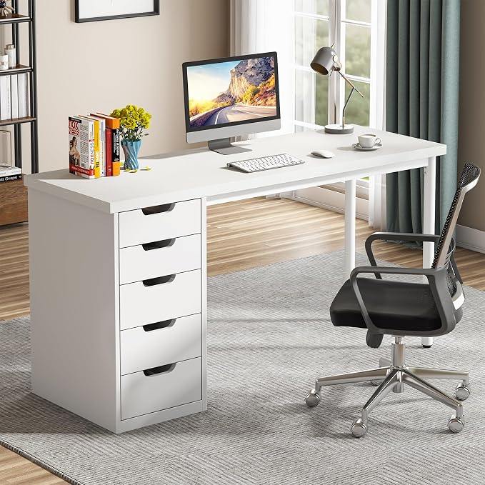 Tribesigns Computer Desk with 5 Drawers, 47 inches Rustic Brown Home Office Desk with Storage, Modern Simple Laptop Desk Study Writing Table for Small Spaces (1, White) - Image 3