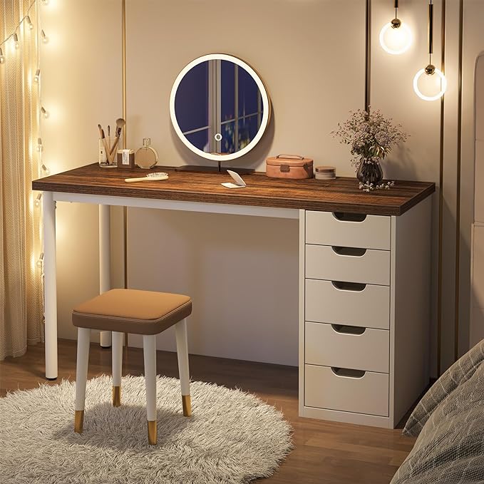 Tribesigns Computer Desk with 5 Drawers, 47 inches Rustic Brown Home Office Desk with Storage, Modern Simple Laptop Desk Study Writing Table for Small Spaces (1, Brown+White) - Image 6