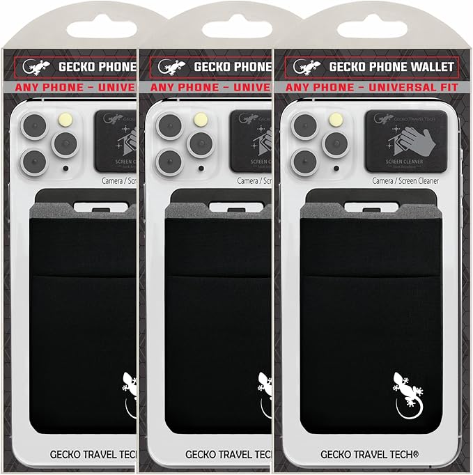 Gecko Travel Tech Double Pocket - Adhesive Card Holder - Cell Phone Pouch - Stick on Spandex Pocket - Carry Credit Cards and Cash (3 PACK - BLACK WHITE) by GeckoTravelTech