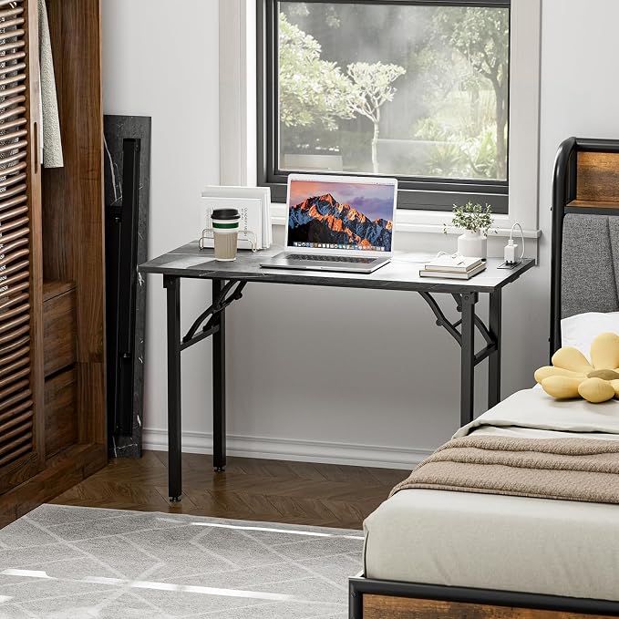 TEMI Small Computer Desk Folding Table - No Assembly, Compact 43.3" Foldable Desk with Power Outlets & USB Charging Port, Portable Small Office Desk, Ideal Mini Study Table, Marble Greige - Image 2
