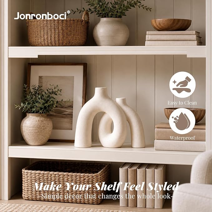 Hug Donut Decorative Vase Set - Modern Nordic Boho Style Vases Home Decor, Matte Ceramic Decorations for Living Room Shelf, Bookshelf Mantle Entryway Table or Console Décor (Cream White) - Image 3