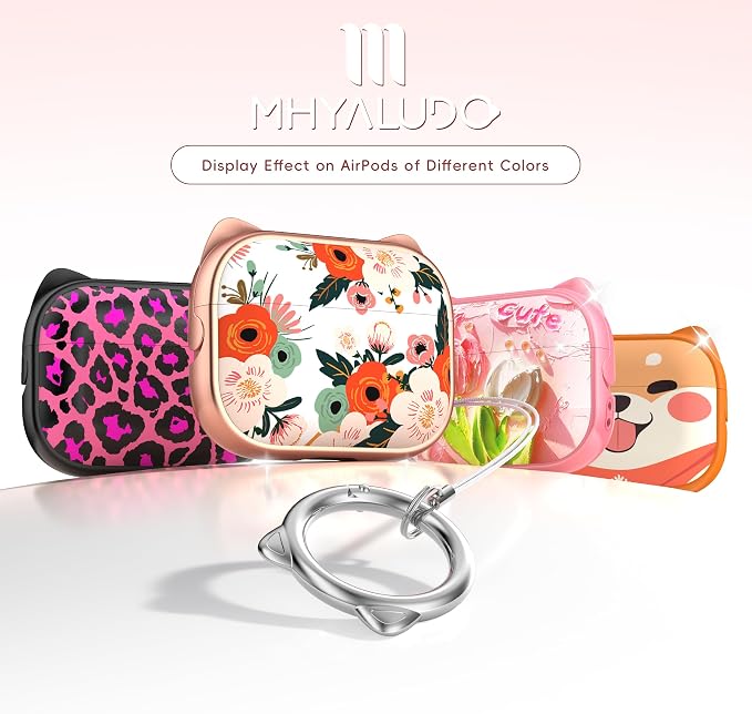 for AirPods Pro 2 Case with Cleaning Kit, Cute Cat Ear Print Design & Cute Buckle for Girls, Phone Holder & Top Safe Lock Buckle Design for AirPods Pro 2nd/1st Gen case, Rose Gold Flower - Image 6