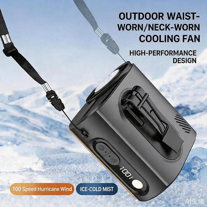 2026 AI Wearable Waist/Neck Hanging Fan,with Ice Cooler & Flashlight,10000mAh Rechargeable Clip On Belt Cooling Fan, 100-Speed 16000RPM Personal Body Fan,25H Work Time for Outdoor, Jobsite,Camping - Image 6
