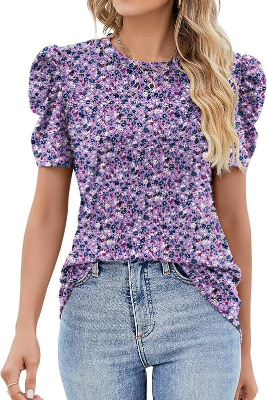 Ivicoer Puff Short Sleeve Shirt for Women Eyelet Tops Summer Crewneck Blouse Loose Fit S-XXL by Ivicoer