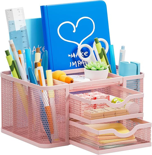 Marbrasse Mesh Desk Organizer, Pen Organizer with 2 Drawer, Multi-Functional Pencil Holder, Desk Organizers and Accessories with 5 Compartments + Drawer for Office Art Supplies (Pink) by Marbrasse