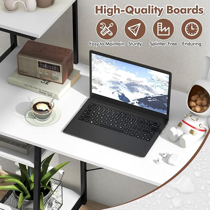Giantex Computer Desk with Shelves, 47.5” Home Office Desk with Bookshelf, Host Stand, Metal Frame, PC Laptop Workstation, Modern Study Writing Desk for Bedroom, Small Space (White & Black) - Image 6