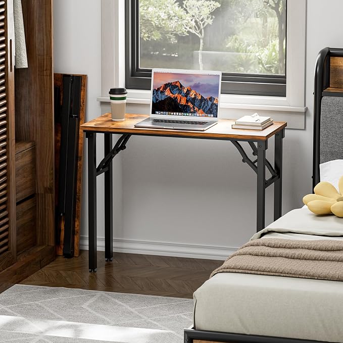TEMI Small Computer Desk Folding Table - 35.8" Foldable Office Desk, No Assembly, Perfect for Small Spaces in Bedroom, Dorm, or Apartment, Portable Mini Desk or Study Table with Compact Design, Brown - Image 2