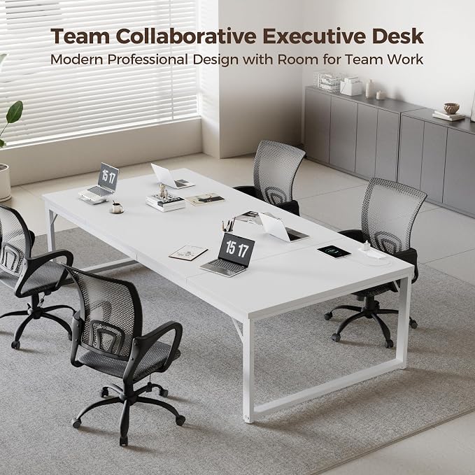 Mericonia 63 Inch Computer Desk with Power Outlets, 1.2" Thick Office Table | Modern Simple Style, Heavy Duty Industrial Frame, Large Study & Writing Table for Home Bedroom Work, White - Image 3