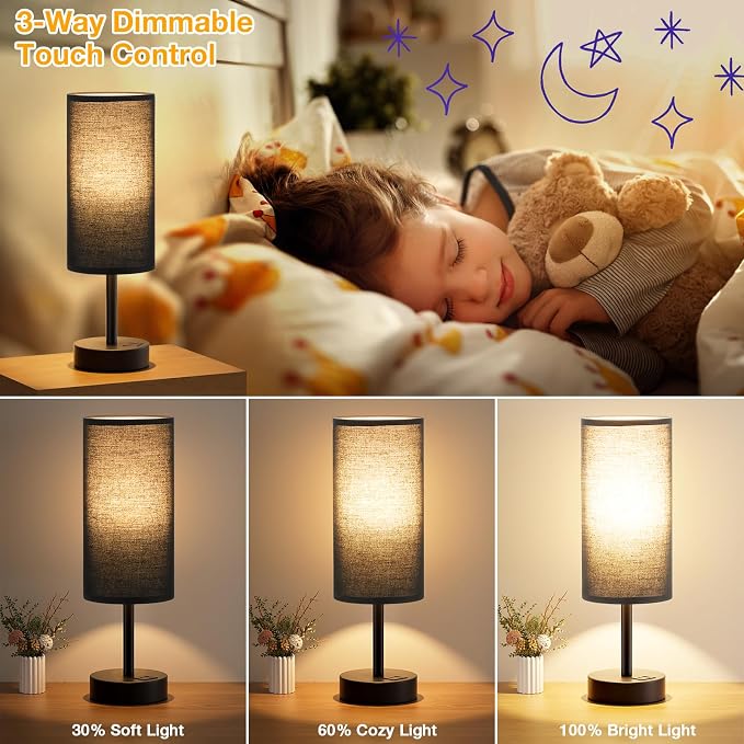 Dicoool Bedside Table Lamp for Bedroom - 3-Way Dimmable Touch Lamp, USB A+C | LED Bulb Included, 14" Small Nightstand Lamp for Desk, Living Room, Guest Room, Black Fabric Lampshade, Black Metal Base - Image 3