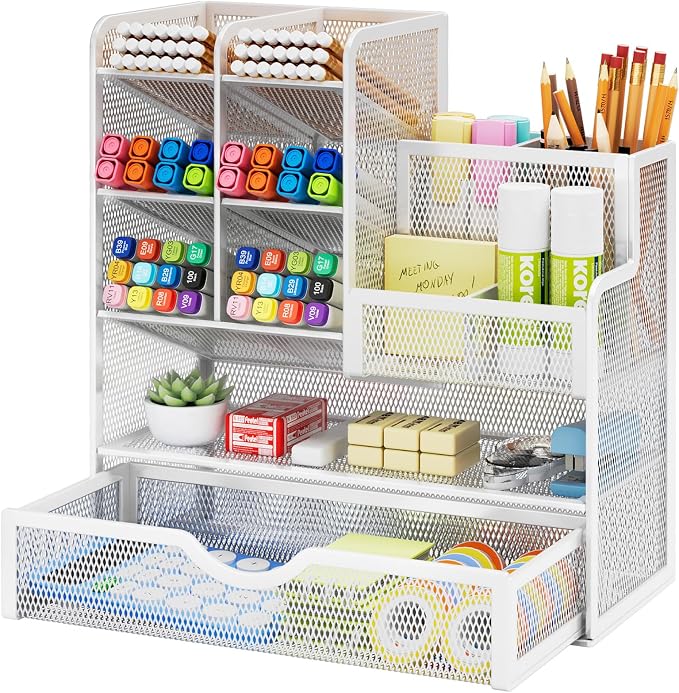 Marbrasse Mesh Pen Holder for Desk, Multi-Functional Pencil Organizer with Drawer, Desk Organizers and Accessories for Office Art Supplies (White) by Marbrasse