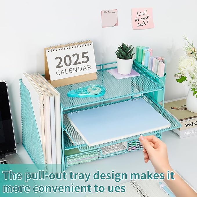 OPNICE Desk Organizer, 4-Tier Desktop File Organizer with Drawer and Pen Holders, Office Desk Accessories, File Sorters, Workspace Organizers for Office Supplies(Teal Blue) - Image 6