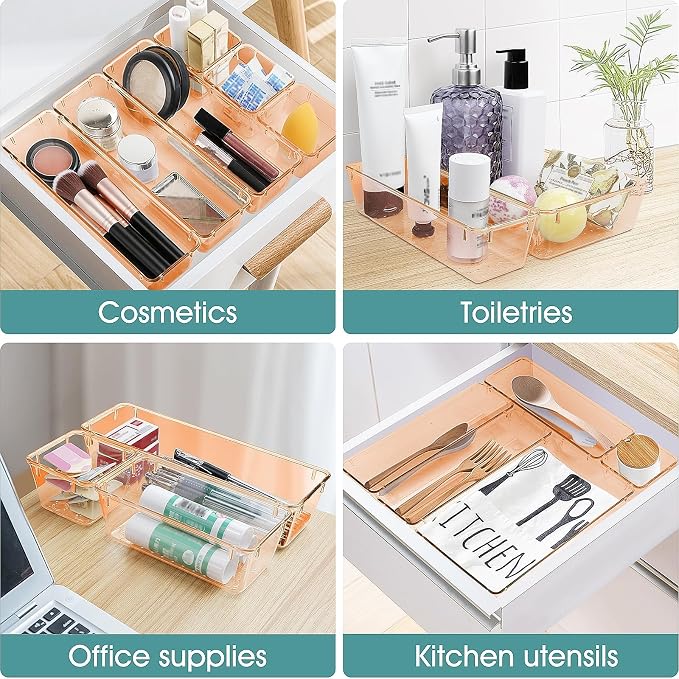 WOWBOX 25 PCS Plastic Drawer Organizer Set, 4 Sizes Desk Drawer Divider Organizers and Storage Bins for Makeup, Jewelry, Gadgets for Kitchen, Bedroom, Bathroom, Office, Clear Orange - Image 5