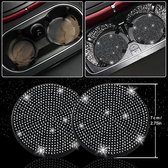 NBTEPEM 27 PCs Black Bling Car Accessories Set for Women, Steering Wheel Covers Universal Fit 15 Inch, Bling License Plate Frame, Bling Phone Holder, Bling Car Coasters (Black Diamond) - Image 7