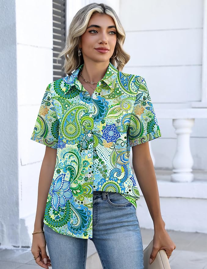 Zeagoo Button Down Shirts for Women Short Sleeve Collared Tops Dressy Casual V Neck Blouses - Image 4