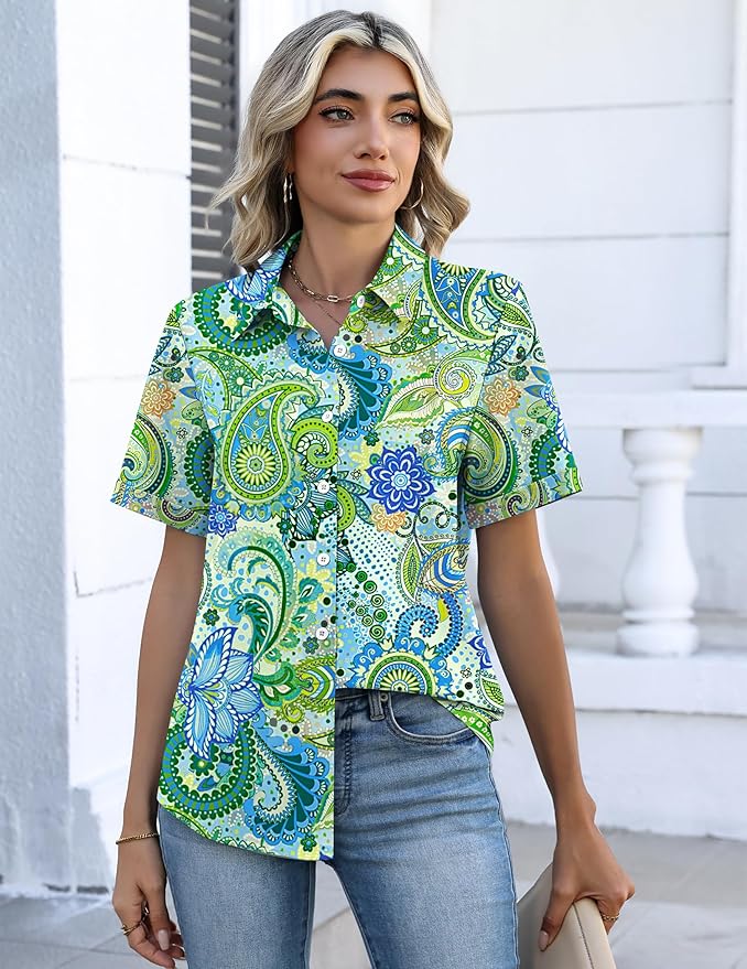 Zeagoo Button Down Shirts for Women Short Sleeve Collared Tops Dressy Casual V Neck Blouses - Image 4