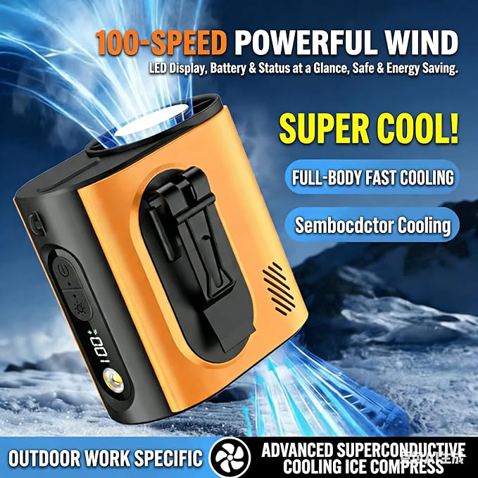 Portable Wearable Waist Iec Fan,with Semiconductor Ice Cooler,10000mAh Rechargeable Clip On Belt Cooling Fan, 100-Speed/16000RPM Personal Body Fans,25H Work Time for Camping, Outdoor, Jobsite（Orange） - Image 3