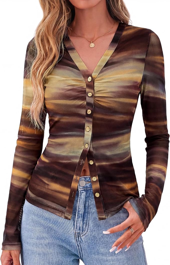 BTFBM Button Down Shirts for Women 2026 Fall Boho Tops V Neck Long Sleeve Blouses Ruched Mesh Fitted Fashion Clothing - Image 5