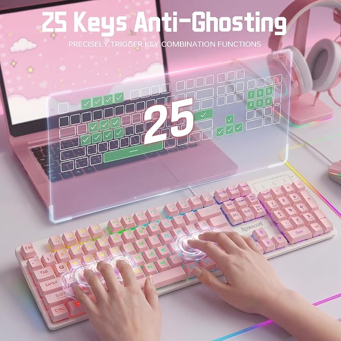 Redragon Updated S107WP Gaming Keyboard and Mouse, RGB Gaming Keyboard and 10000 DPI Mouse Combo with 25-Key Anti-Ghosting, 1K Hz Programmable Mice with Software, Plug & Play to PC, Laptop - Pink - Image 8