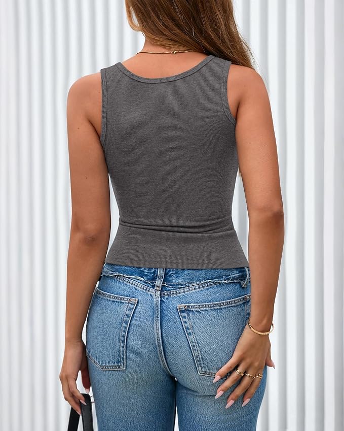 BTFBM Summer Tops for Women 2026 Scoop Neck Ribbed Henley Button Sleeveless Casual Spring Basic Tank Top Clothes Outfits - Image 3