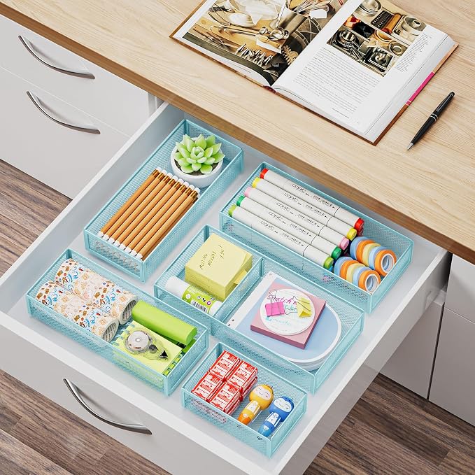 Marbrasse 5 Pack Desk Drawer Organizer Set, Mesh Drawer Storage Trays with 1 Adjustable Divider, Desk Organizers and Accessories, 5 PCS Drawer for Office Supplies, Makeup & Vanity (Blue) - Image 6