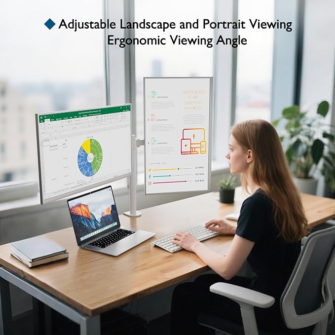 BONTEC Dual Monitor Desk Mount, 13-27 Inch, 22lbs, VESA 75x75/100x100,White | Full Motion Adjustable Stand, Heavy Duty Arms, C Clamp and Grommet Base, Cable Management for Flexible Screen Positioning - Image 5