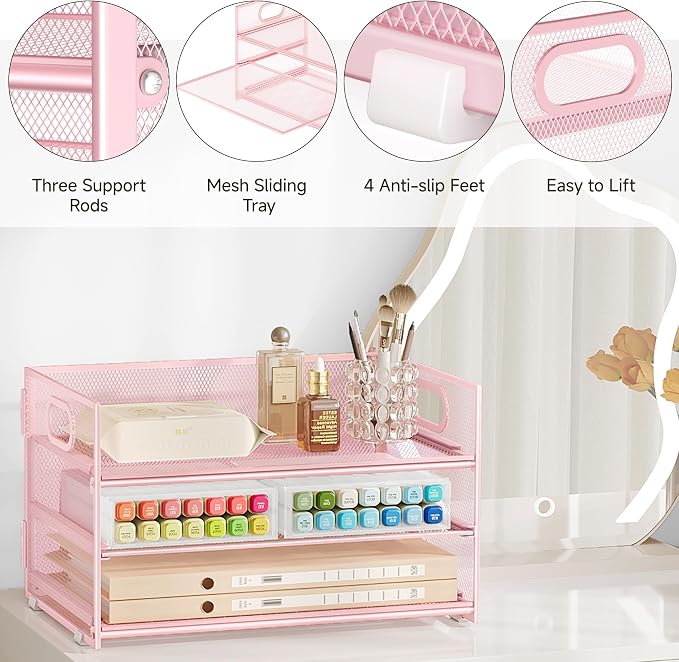 Subekyu 3 Tier Paper Letter Tray Organizer for Desk, Pink Metal Mesh File Folder Sorter Organizer with Handle and 1 PC Sliding Tray for Home Office School Desk Supplies Organization Storage - Image 5