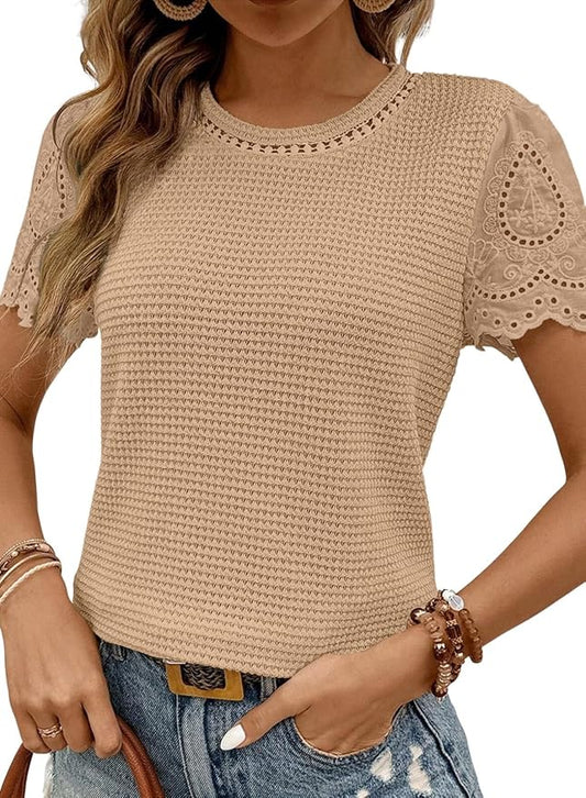 SHEWIN Womens Frenchy Summer Tops Crewneck Short Sleeve T Shirts Casual Waffle Knit Jacquard Blouses Top Shirts by SHEWINBeYourFashionStylist
