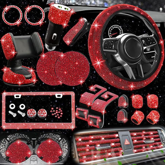 NBTEPEM 27 PCs Red Bling Car Accessories Set for Women, Steering Wheel Covers Universal Fit 15 Inch, Bling License Plate Frame, Bling Phone Holder, Bling Car Coasters (Red Diamond) by NBTEPEM