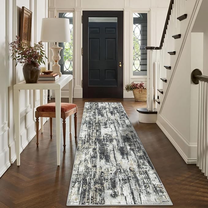 2'6''x8' Runner Rugs Washable Rug: Modern Abstract Hallway Runner Rug Indoor Soft Low Pile Thin Carpet Anti-Skid Non-Shedding Carpets for Kitchen, Entryway, Laundry, Bedroom - Black Grey Gold - Image 4