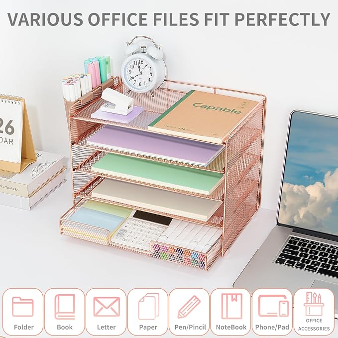 LEKETREE Desk Organizer and Accessories, 5-Tier Paper Letter Tray Organizer with Drawer & 2 Pen Holders for Desktop File Organization, Office Desk Accessories for Supplies Storage (Rose Gold) - Image 4
