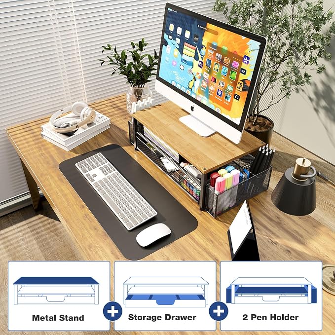OPNICE Desk Organizers and Accessories, 2-Tier Computer Monitor Stand with Drawer and 2 Pen Holders, Laptop Stand, Office Desk Accessories for Office Supplies, Oak - Image 6