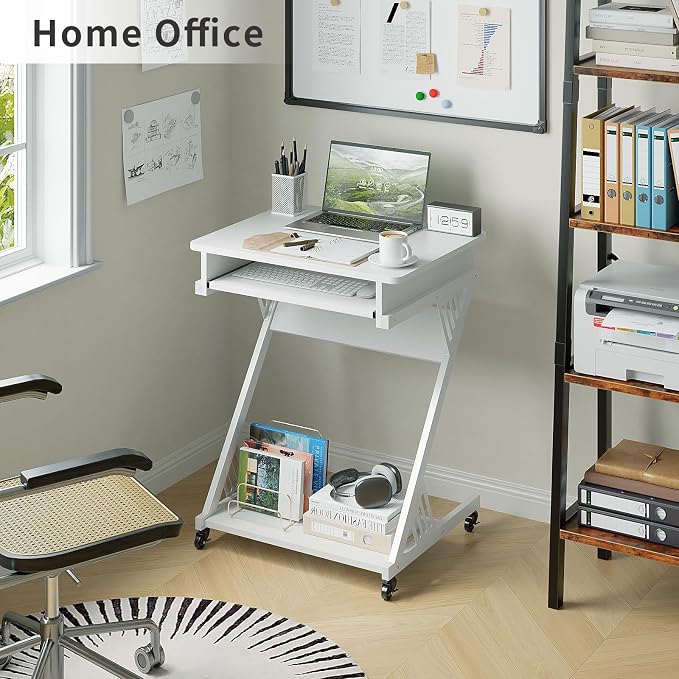 ALISENED Computer Desk for Small Spaces Compact Desk with Keyboard Tray | 23.6" Z-Shaped, with Wheels and Bottom Shelves, for Home Office, Computer Cart Mobile Laptop Cart, White - Image 9