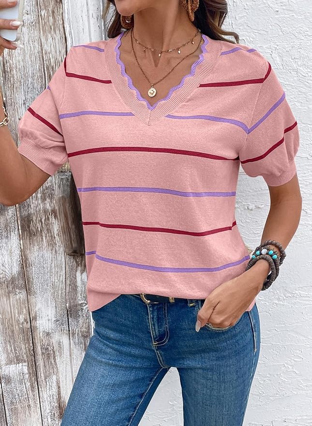 Dokotoo Womens Summer Short Sleeve Knit Tops 2026 Spring Trendy Casual V Neck Striped Sweater Blouses - Image 2