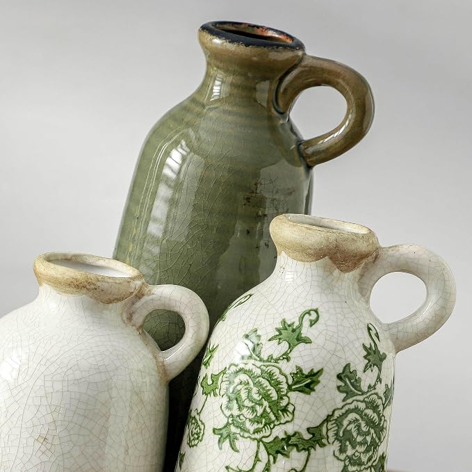 Vintage Vase Set of 3 with Handle, Ceramic Vintage Rustic Vases Home Decor Farmhouse Decorative Vase Pottery Decor Modern for Table Mantel Entryway Bookshelf Living Room Kitchen Bedroom - Green - Image 3