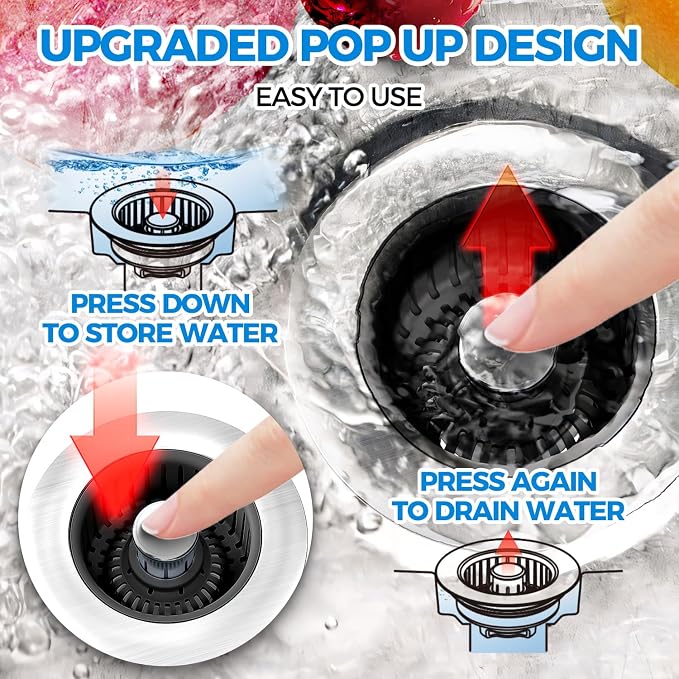 zaa 3 in 1 Kitchen Sink Drain Strainer Stopper Removable Basket Pop-Up | Kitchen Sink Accessories 1 Pack Black Stainless - Food Catcher, Odor-Blocking Seal, Fits 3.5" Drain, Easy Clean - Image 3