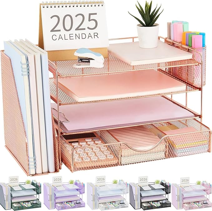 gianotter Desk Organizers and Accessories with File Holder, 4-Tier Desk Accessories & Workspace Organizers with Drawer and 2 Pen Holder, Paper Organizer for Office Supplies (Rose Gold) by gianotter