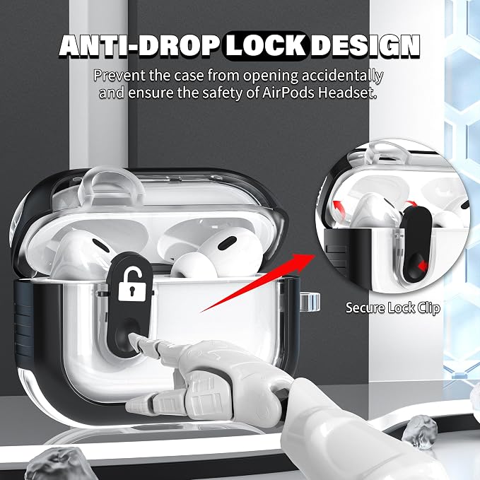 for Airpods Pro 2nd Generation Case with Secure Lock, Compatible with Airpods Pro 2nd/1st Gen, Clear TPU Transparent Military Grade Shockproof Case. Black - Image 4