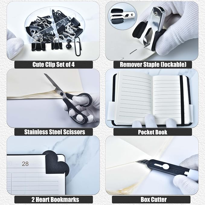 Black Desk Accessories, 24Pcs Office Supplies and Desk Organizers, with Tape Dispenser, Stapler, Staple Remover, Ect, Gift Box Packaging - Image 6