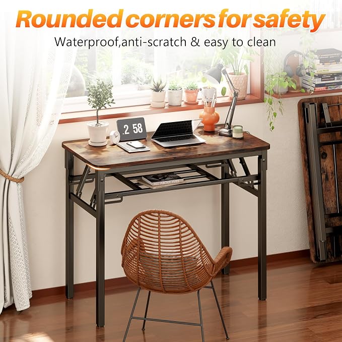 BYMECOST 31.5 inches Folding Desk Small Desk, No Assembly Computer Desk with Storage Shelf, No Install Small Foldable Table for Home Office,Study Table for Small Space (Brown, 31.5") - Image 7